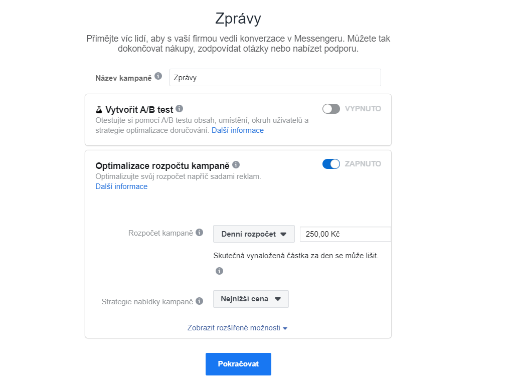 Vytváření reklam s proklikem do Messengeru